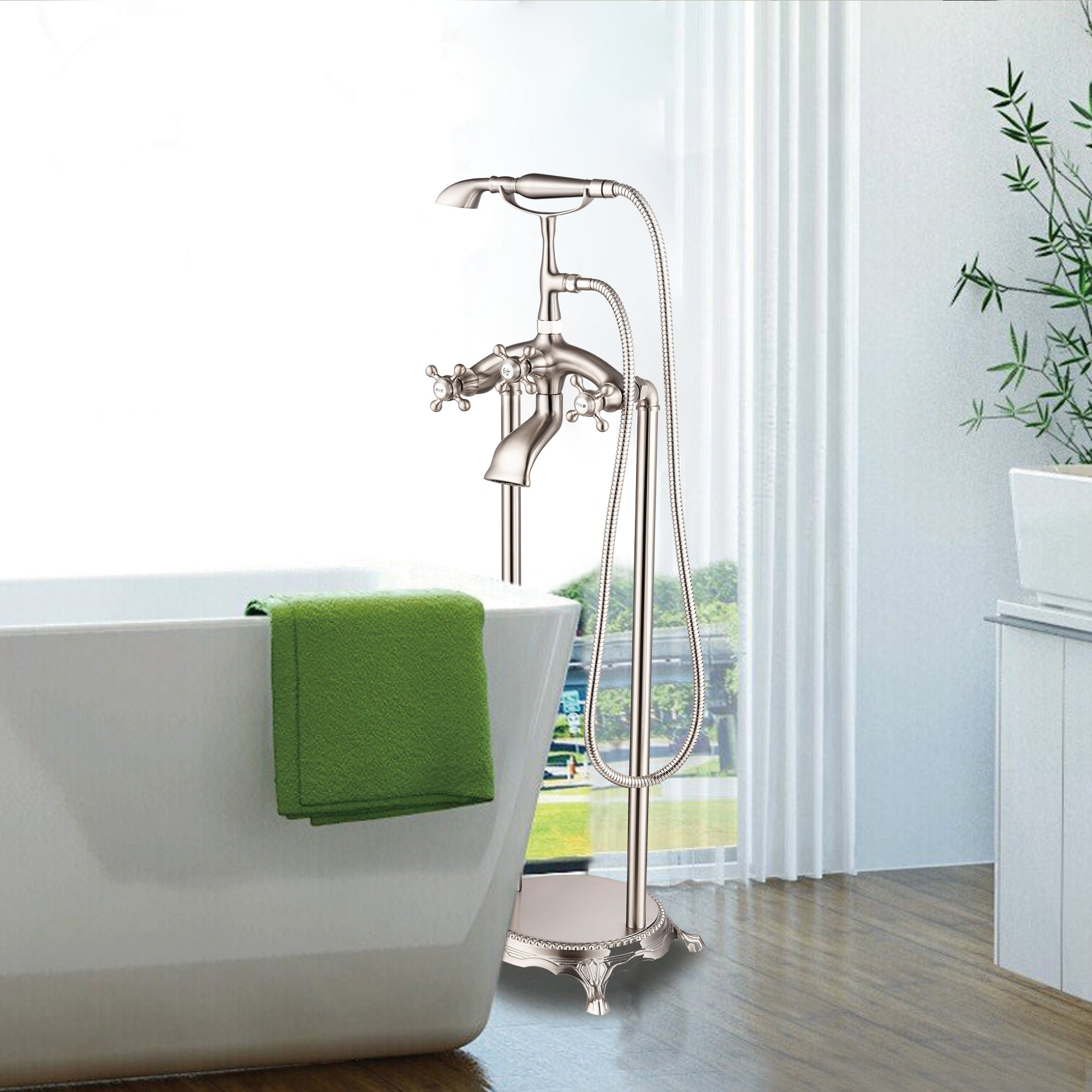 Floor Mounted Clawfoot Tub Faucet Trim, Brushed Nickel
