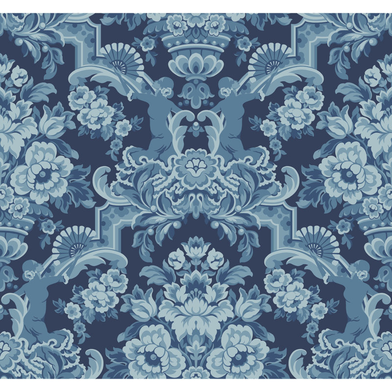 Lola Damask Wallpaper Roll, Blue/Midnight