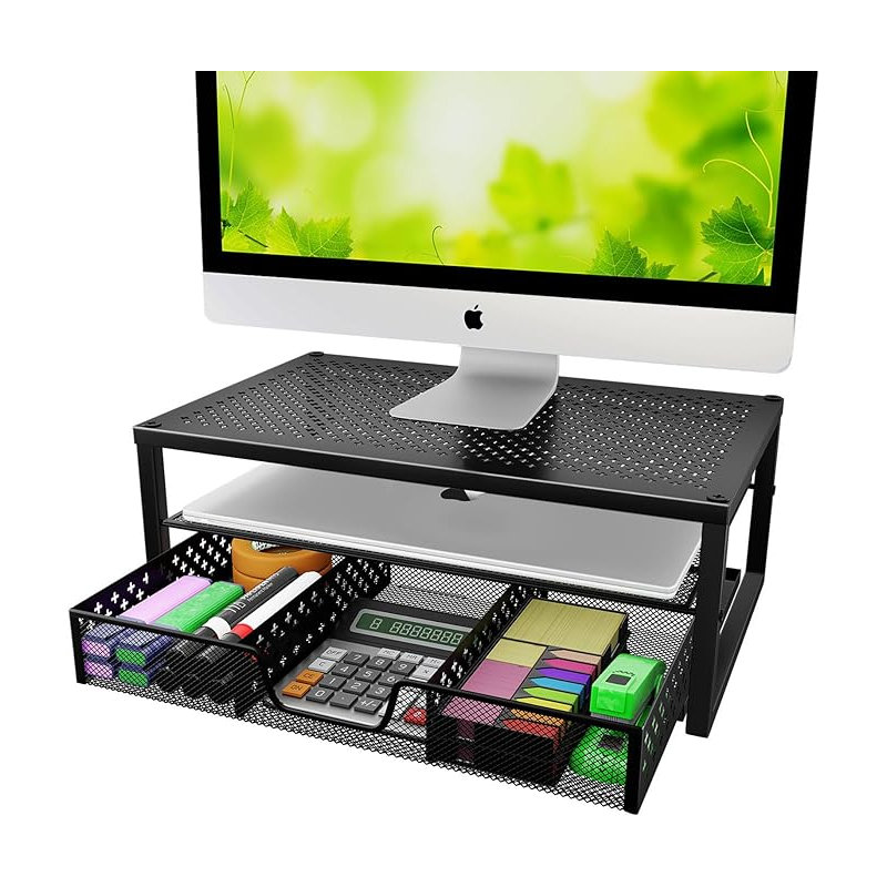 Metal Monitor Stand Riser And Computer Desk Organizer With Drawer,Black