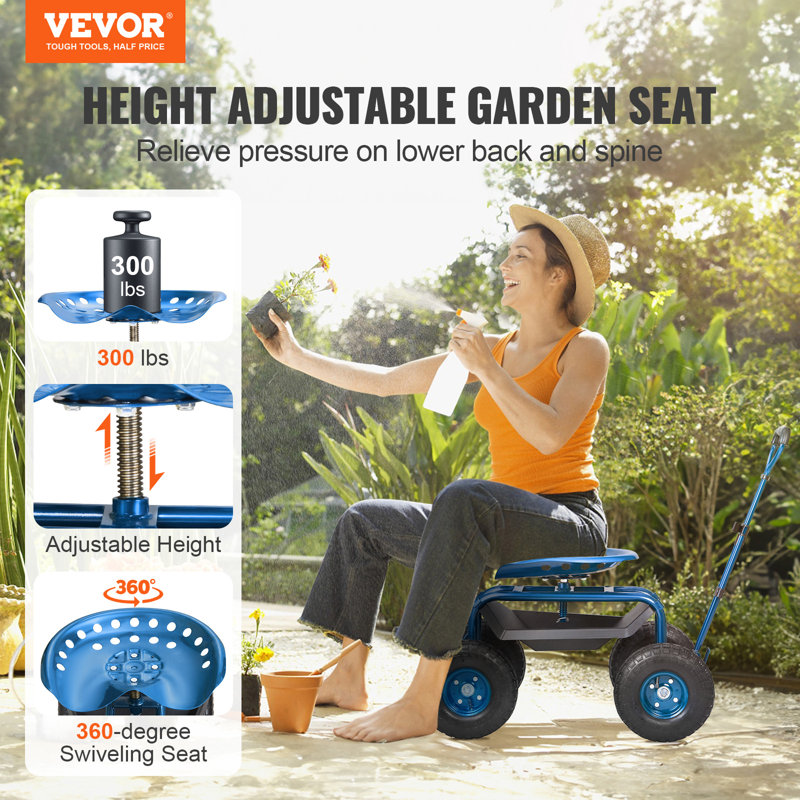 Blue Steel Rolling Garden Work Seat with Swivel and Storage