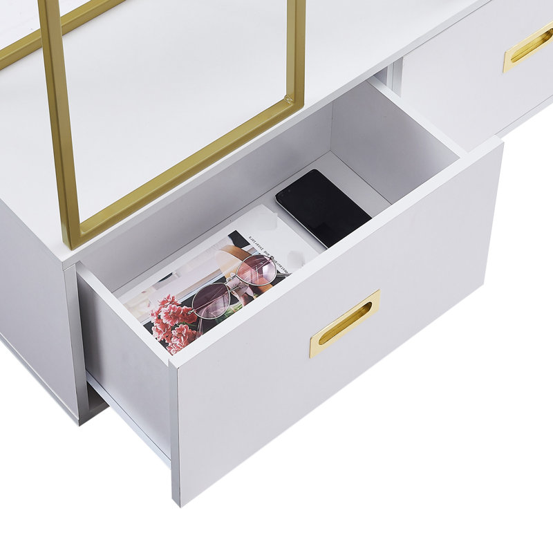 Modern 70.8 Inch Round Bookshelf With Two Drawers, Gold Trim Office Bookcase And White Tone