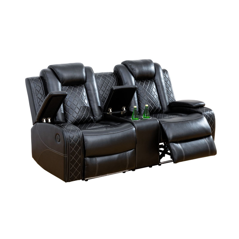 POPO-73.5"Breathing Leather Power Recliner Loveseat with LED Light, Cup Holders, and Storage Console