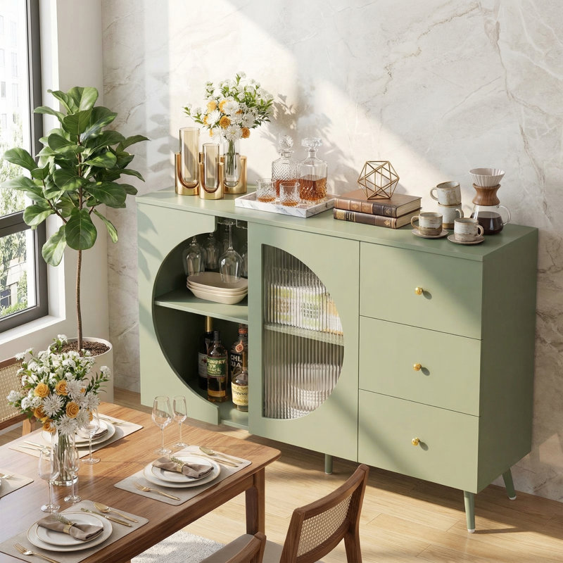 Chanyah 47.2" W Kitchen Sideboard with 3 Drawers & Wine Glass Holder, Morandi Green