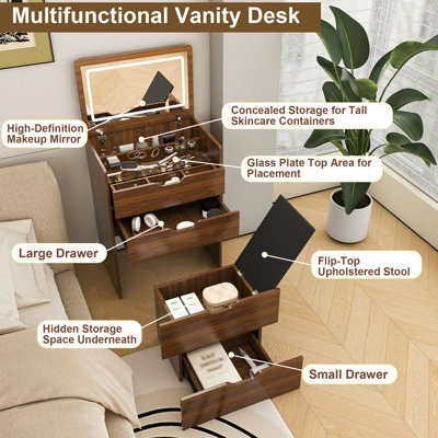 Bureau de coiffeuse 3 en 1 avec miroir éclairé et tabouret, coiffeuse à plateau rabattable, rangement compact pour la chambre à coucher, la salle de bain et le vestiaire (L 18,9 po, noyer)