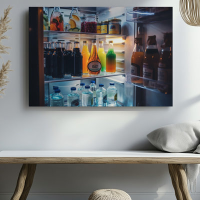 Canvas The Interior Of A Vibrant Refrigerator Bursts With An Array Wall Art Of Colorful Beverages Artfully Arranged Across Three Canvas Wall Art