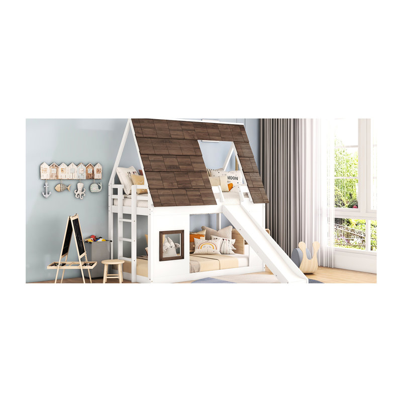 Twin Size House Bunk Bed With Roof - White + Brown, Strong Wood For Bedroom Space Brown Construction