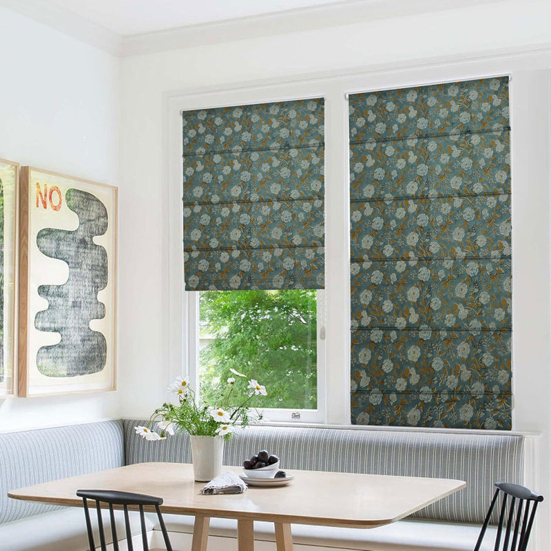 Fabdivine Blue, Handmade 100% Blackout Soft and Cozy Pure Linen Roman Shade with Floral Block Print for Window Corded Blinds, Home Décor French Doors, Window Treatment, Rameshwaram