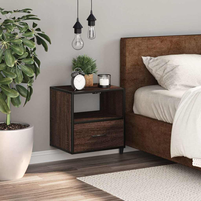 40cm W Metal Bedside Table, Brown oak