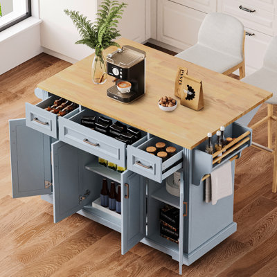 Grand îlot de cuisine roulant de 54 po avec abattant, îlot de cuisine mobile avec 4 portes et 3 tiroirs, chariot de cuisine en bois sur roulettes pour la cuisine, la salle à manger, gris-bleu