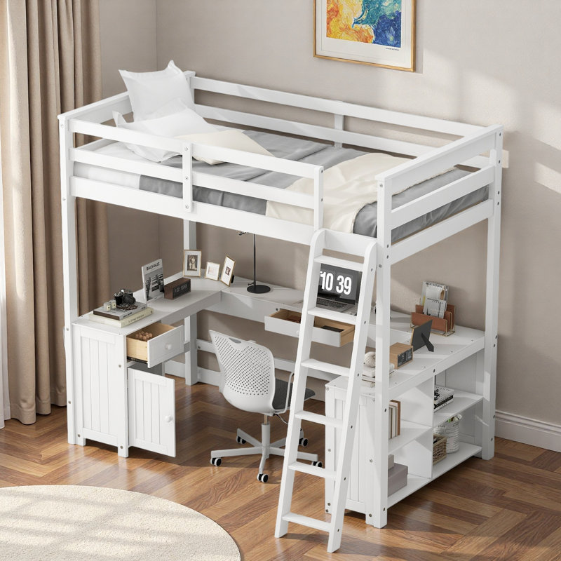 Loft Bed With U-shaped Desk, Drawers, Storage Shelves And Cabinet, White