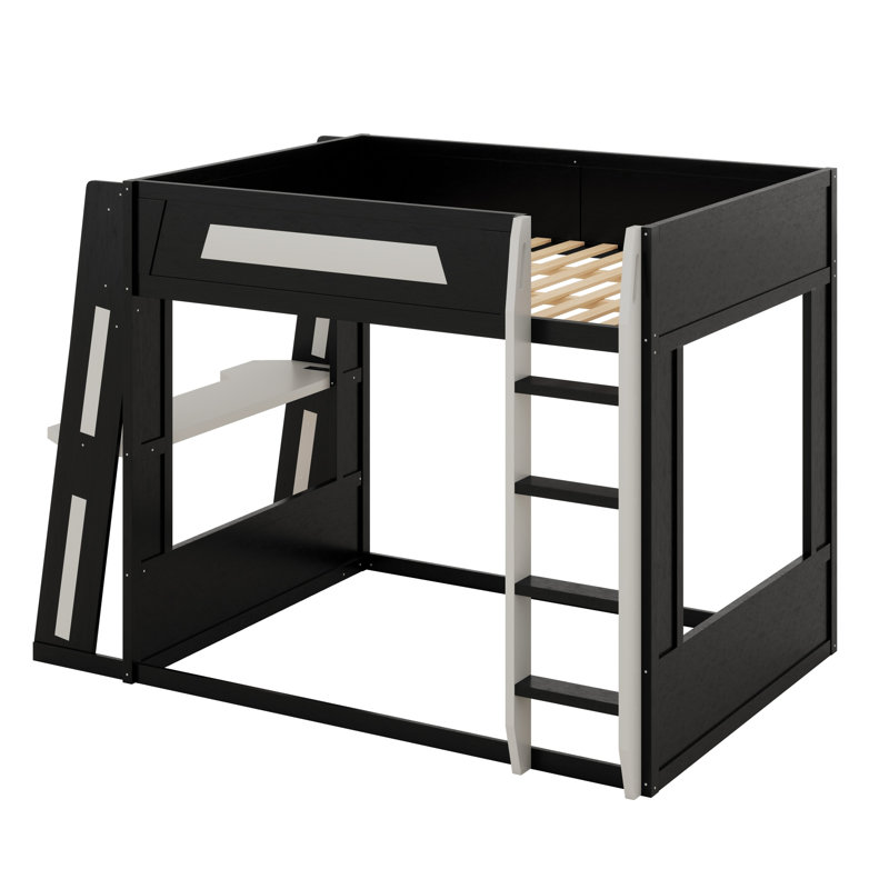 Wooden Gaming Bunk Bed With Desk,Two Storage Shelves,USB And LED Light, Black/Gray