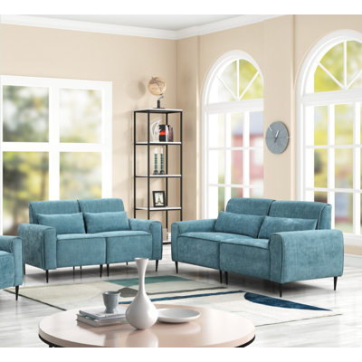 Laffey 74"W Blue Chenille Sofa Loveseat Living Room Set
