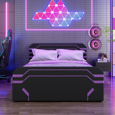 Grand lit de jeu rembourré avec système de rangement hydraulique à levage latéral, lit plateforme de style Cyberpunk avec motif futuriste pour les joueurs et la génération Z, noir et mauve