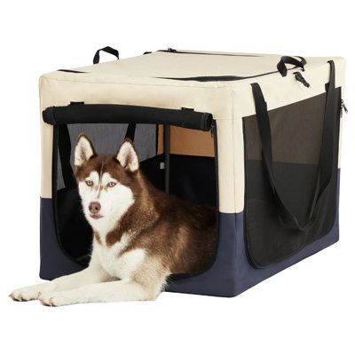 Soft Pet Crate, 3 Door, Fabric, Foldable For Travel, Adjustable Cover, White + Blue House And Breathable,