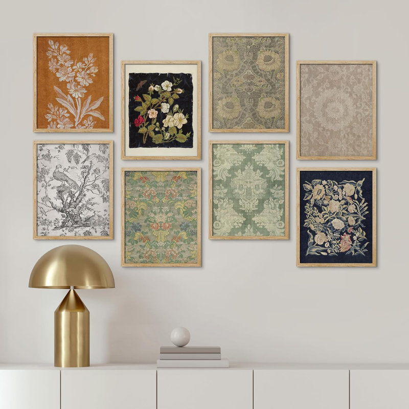 «Abstract Floral Botanical Toile Flower», reproduction de papier encadrée sur papier, 8 pièces, L 11 po x H 14 po