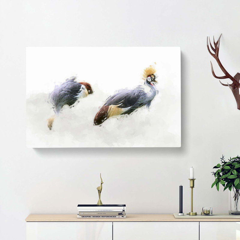 Two Grey Crowned Cranes In Abstract - Wrapped Canvas Painting, 60cm H x 91cm W x 3cm D