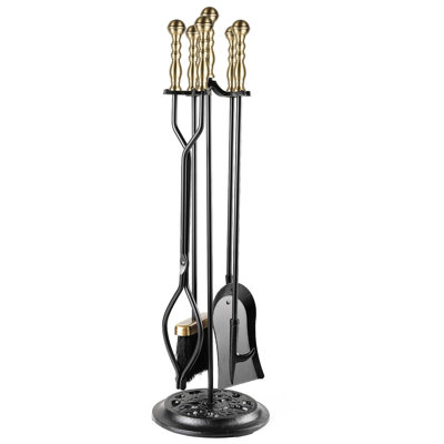 5 Pieces Fireplace Tools Sets Wrought Iron Firewood Kit with Handle Durable Tool Set and Holder for Fire Pit Stand Indoor Tong Shovel Poker Brush Firewood Accessories