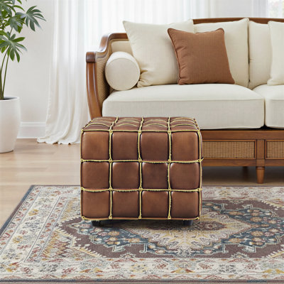 Laryn Genuine Leather Square Pouf Ottoman