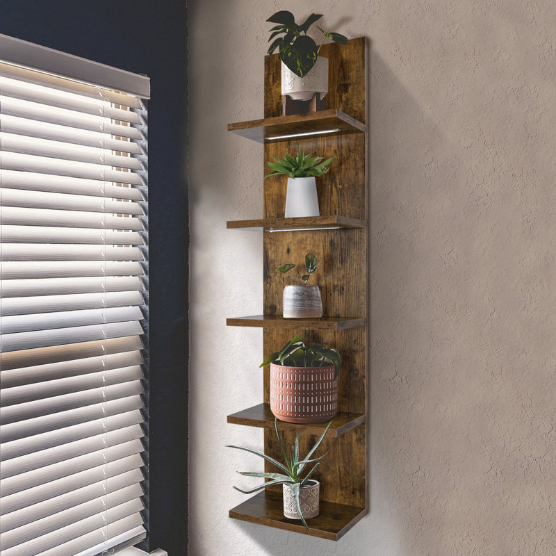 Deangelos 5 Tier Wall Shelf with Light, Brown
