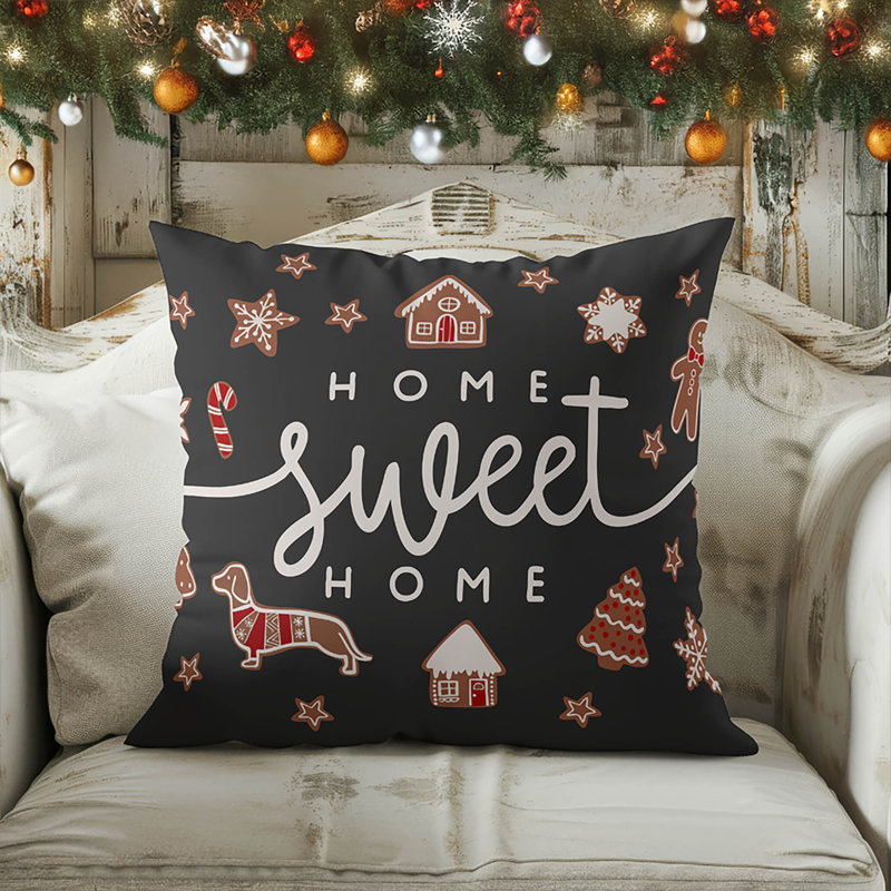 Coussin décoratif Gingerbread Home Sweet Home, Gris anthracite, Carré 16 po