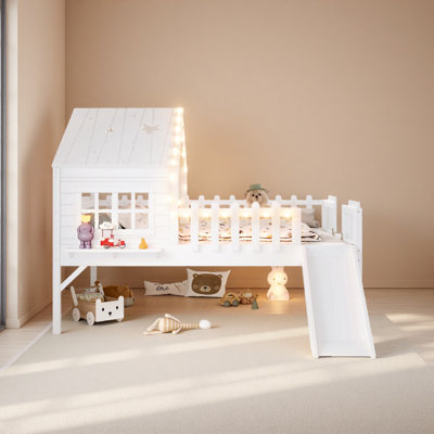 Lit mezzanine avec glissade House, lit de maison de jeu avec motifs en forme d'étoile en forme de lune et fenêtre, design chic avec lumières DEL, aucun sommier nécessaire