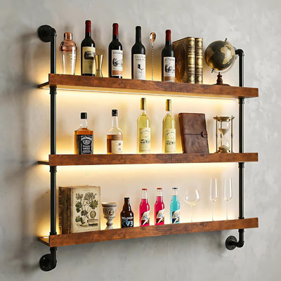 Casier à vin mural en métal de 100 cm (39,4 po) avec bandes DEL et porte-verres | Étagère de bar industrielle à 3 niveaux en métal pour cuisine, bar, salle à manger (noir, 100 cm/39,4 po)