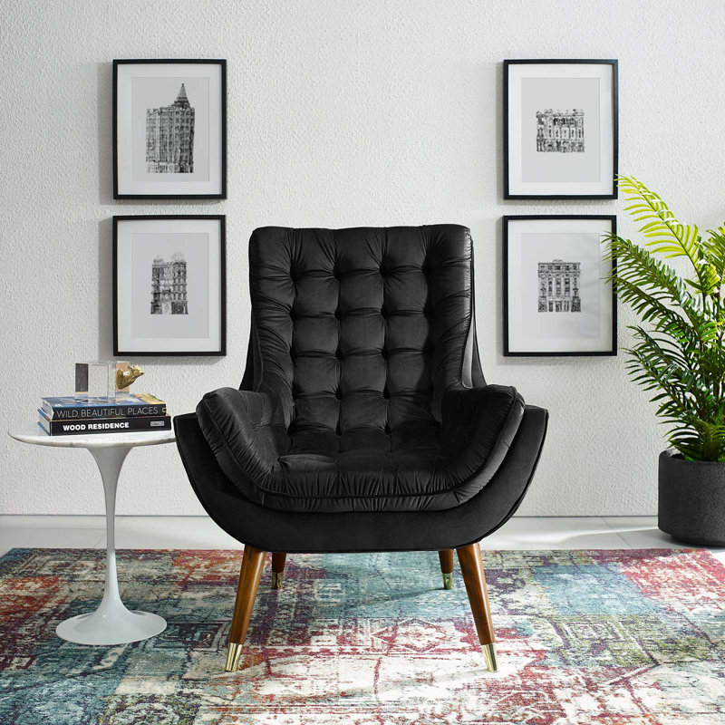 Suggest Button Tufted Upholstered Velvet Lounge Chair, Black