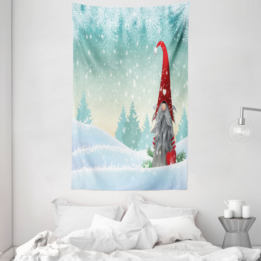 Wandteppich, Elfen-Tomte auf Schnee stehend, mintgrÃ¼n blassblau