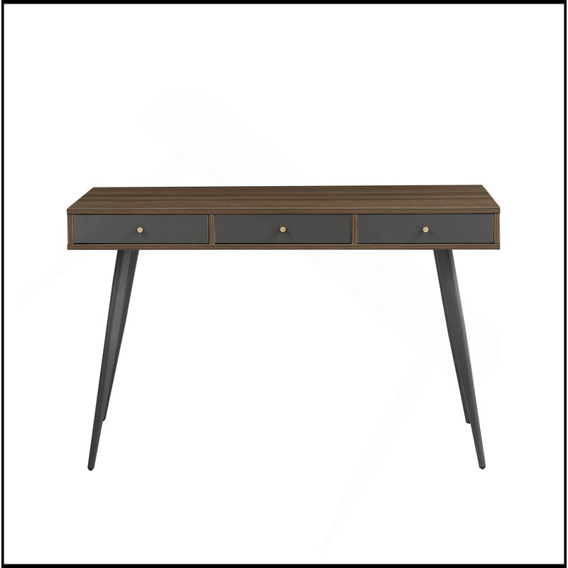 Mid Century Desk , Modern Writing Study Desk With Drawers, Multifunctional Home Office Computer Desk Walnut+Dark Grey