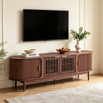 Meuble télé 70,9 po pour téléviseur 80 po, console média moderne Mid-Century avec portes coulissantes cannelées enveloppantes
