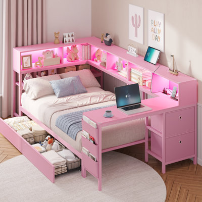 Lit d'angle simple avec tablettes de bibliothèque et 2 grands tiroirs, lit de jour simple avec lumières à DEL et station de charge, cadre de lit d'angle avec bureau de L 39,4 po, 2 tiroirs en tissu et sac de rangement latéral, sans sommier, rose