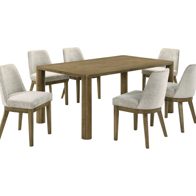 7 chaises de salle à manger rectangulaires avec finition chêne brun, bois d'hévéa et chaises rembourrées brun clair pour table moderne
