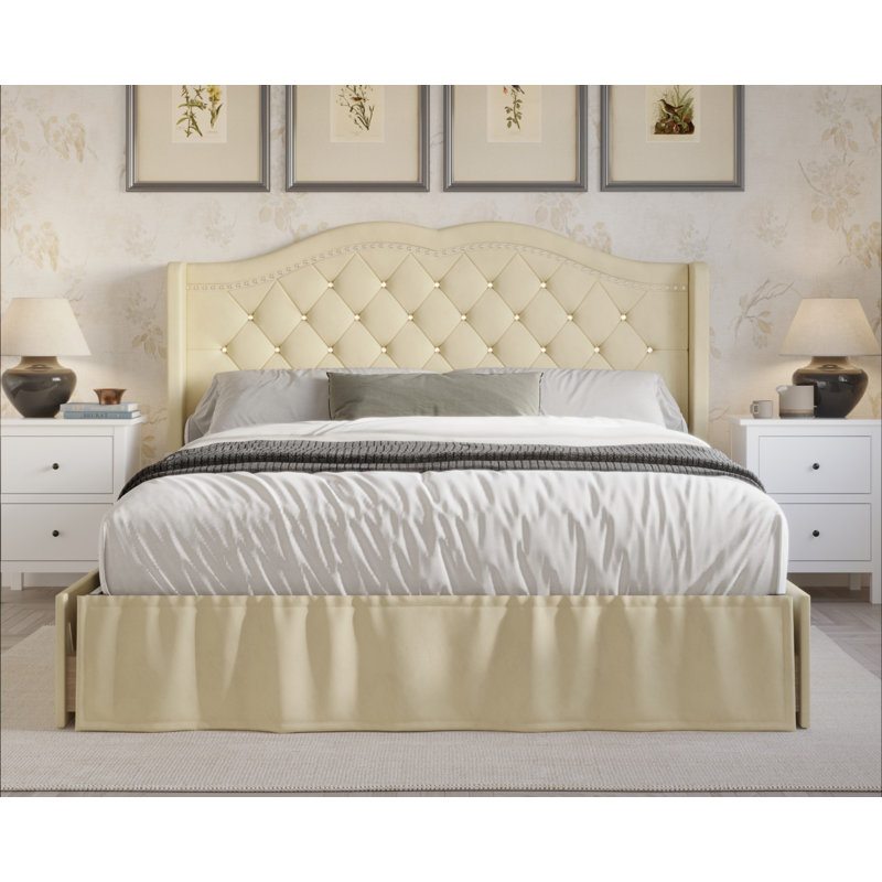 Lit à panneaux tapissier avec rangement Charland, Beige, Très grand