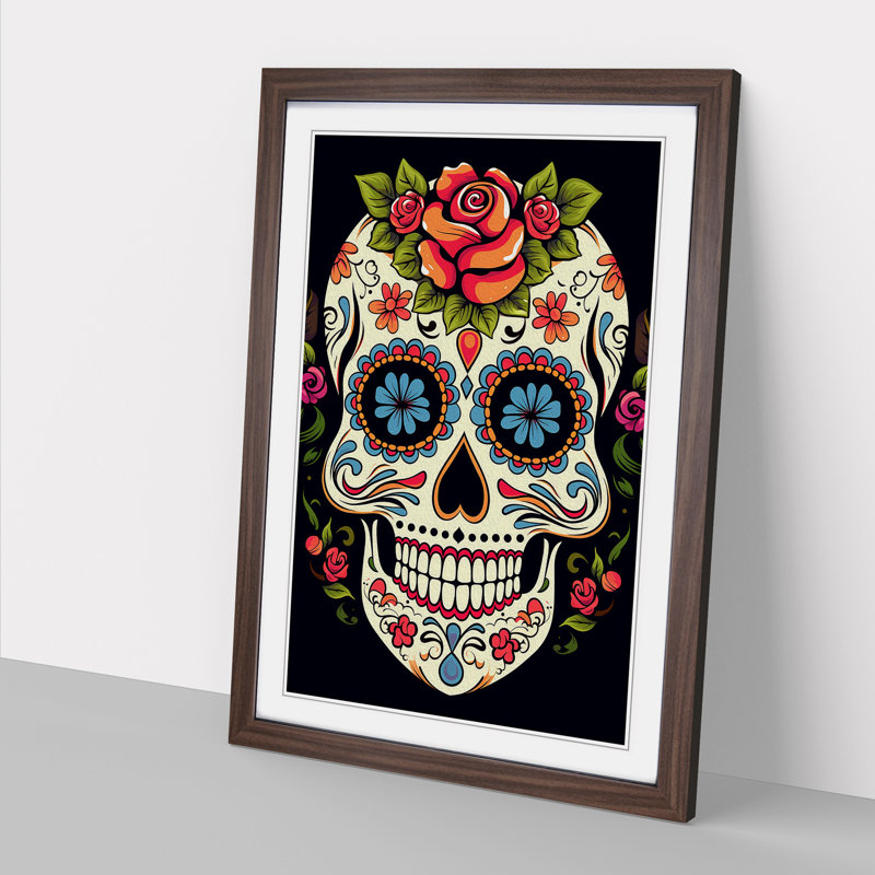 Sugar Skull Line No.4 - Single Picture Frame Print on Wood, 34cm H x 25cm W x 2cm D, Walnut