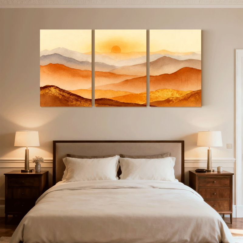 «Abstract Mountain Landscape Sunset Reflection», ensemble de 3 reproductions d'art sur toile, H 30 po x l 60 po