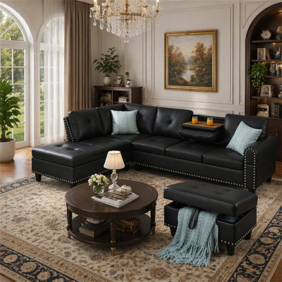 Faux Leather Sectional Sofa With Ottoman