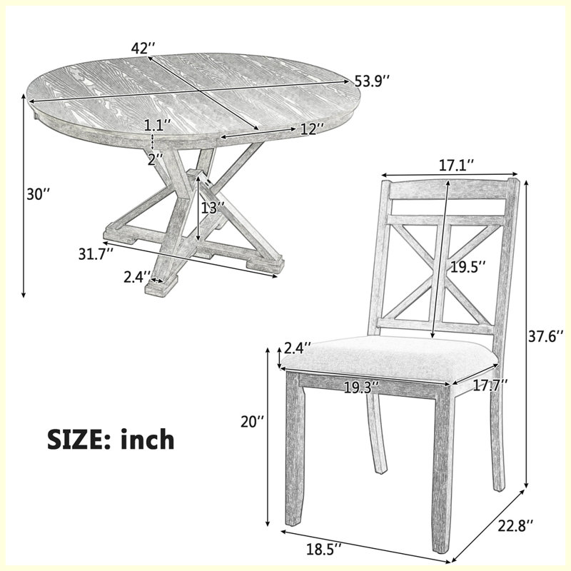Ensemble de table de salle à manger 5 pièces Retro avec table ronde extensible et 4 chaises rembourrées, Gris, Gris