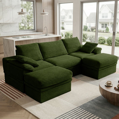 107'' Comfy U Shaped Sectional Modular 5-Piece Cloud Sofa with Ottomans Tool-free Easy Assembly Corduroy Fabric