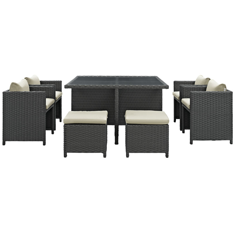 Stopover 9 Piece Outdoor Patio Sunbrella Dining Set, Antique Beige Sunbrella® Canvas