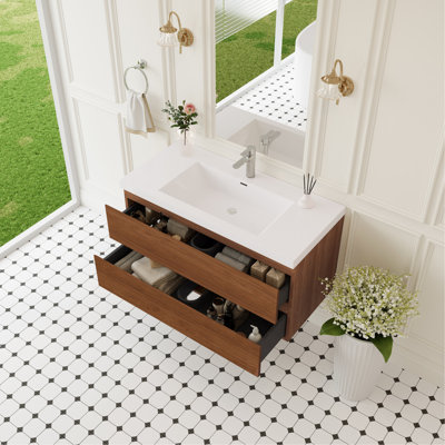 Meuble-lavabo flottant de 42 po avec lavabo, armoire de rangement, lavabo à surface solide, tiroirs à fermeture en douceur entièrement assemblés, noyer doré miel - Design minimaliste moderne pour une organisation blanc brillant