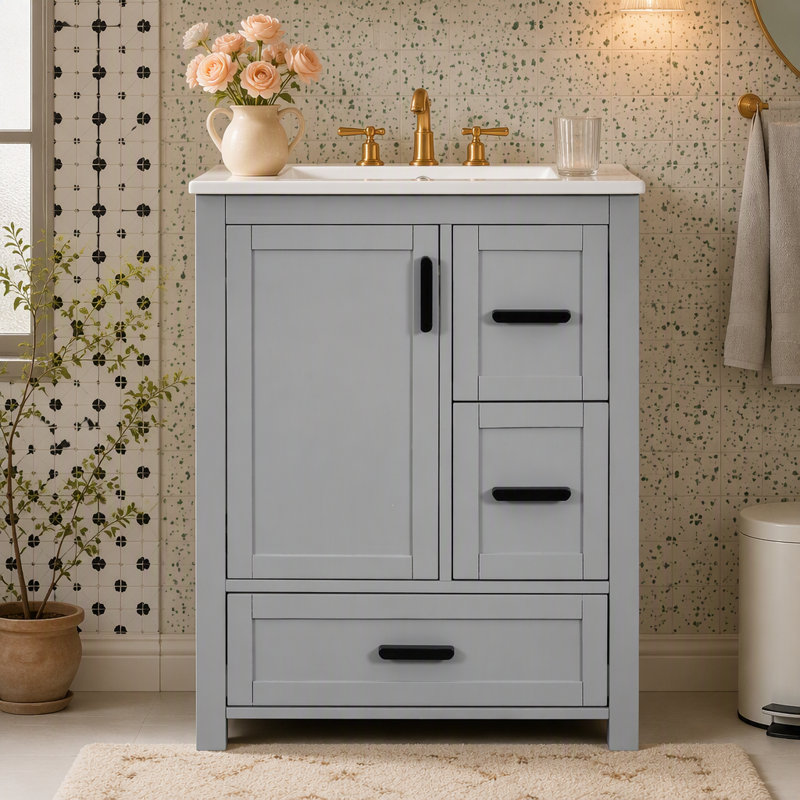Meuble-lavabo moderne de 24 po avec lavabo en céramique, porte à fermeture en douceur, tablette de porte à double couche et 3 tiroirs