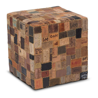 Pouf carré en cuir avec étiquette