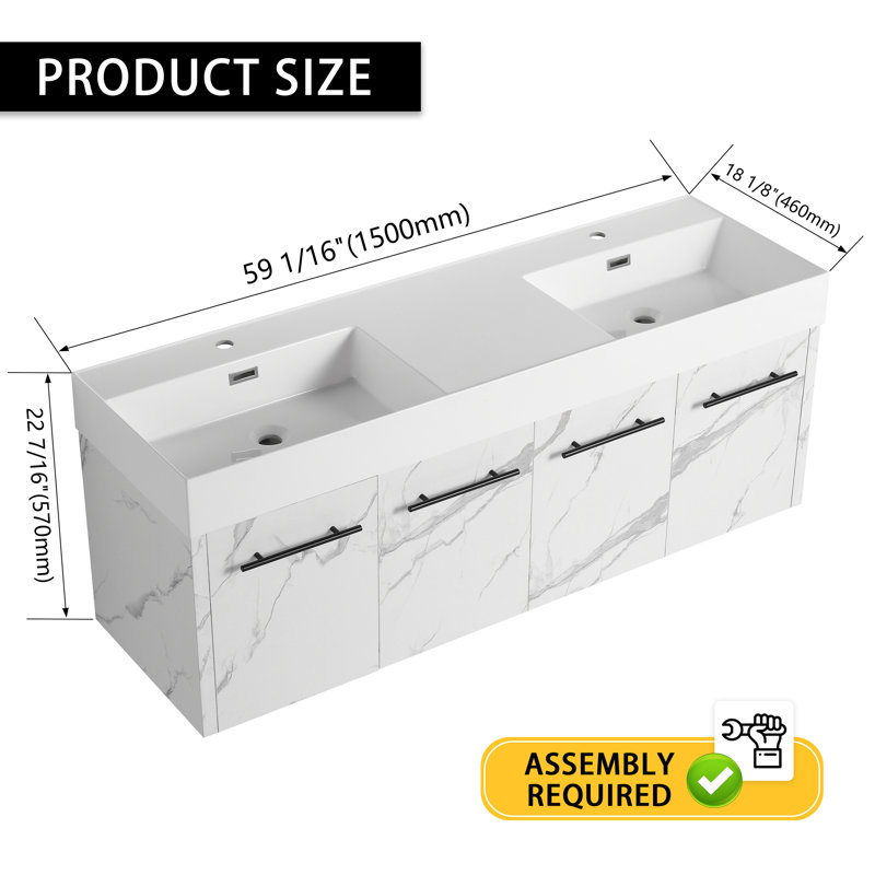 Meuble-lavabo mural 60 po avec lavabo double en résine épaisse, Blanc