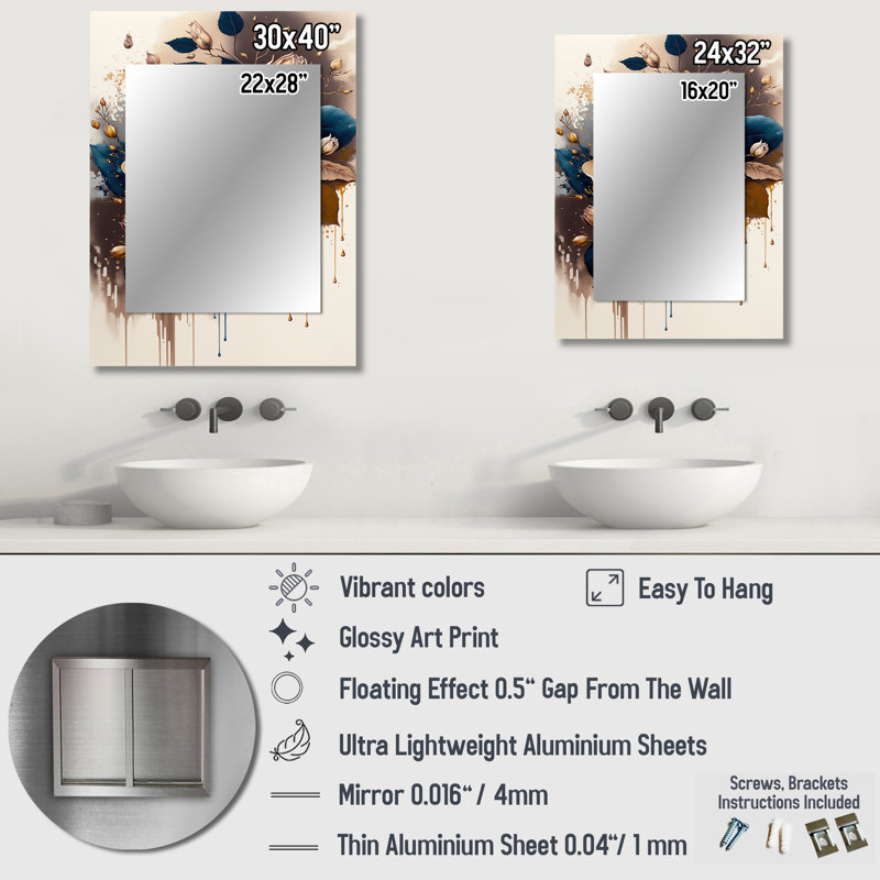 Brown And Blue Rose Design - Rose Wall Mirror, Traditional Decorative Mirror, Printed Metal Art, 32" x 24"