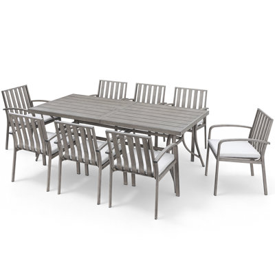 Ensemble de salle à manger pour 8 personnes Seehill, en chêne chaulé avec trou pour parasol, ensemble de meubles de patio résistant à la rouille, chaises de terrasse à assise profonde et table pour terrasse, jardin et cour arrière