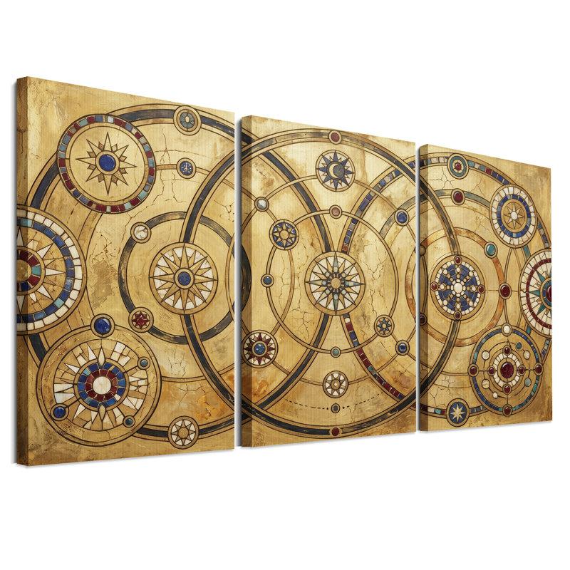 Ensemble de 3 toiles murales à motif de rose des vents en mosaïque dorée, 30"H x 20"W x 3pcs