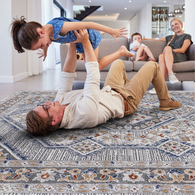 Collection Blue/Cream/Bordered Non-Shedding Living Room Bedroom Dining Home Office Stylish And Stain Resistant Area Rug
