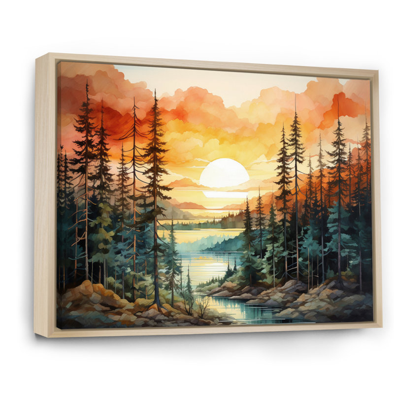 Pin, coucher de soleil brillant II - Pin, art mural, H 16 po x l 32 po x P 1 po, Cadre flottant érable