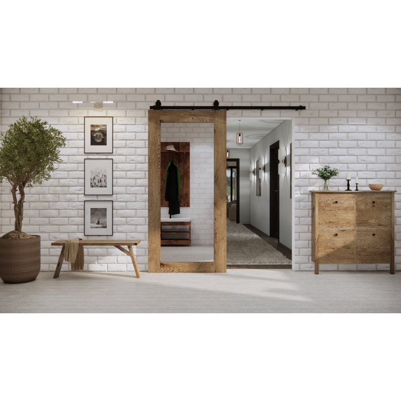 Wyalusing Oak Wood Sliding Barn Door Mirror, 90cm W x 210cm H, Brown Oil