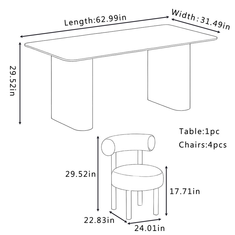 Ensemble de table et chaises de style crème, H 29,52 po x L 62,99 po x l 31,49 po